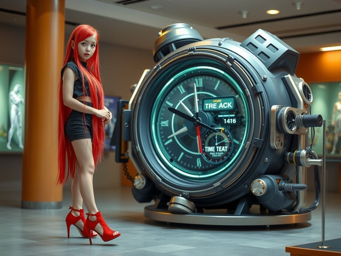 Stylish Figure with Red Hair Next to Futuristic Clock