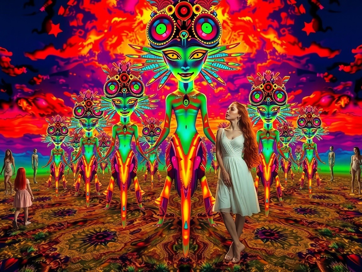 Surreal Landscape with Vibrant Colors and Fantastical Beings