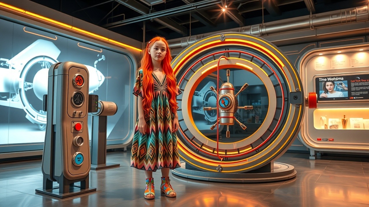 Young Girl with Red Hair in Futuristic Exhibit