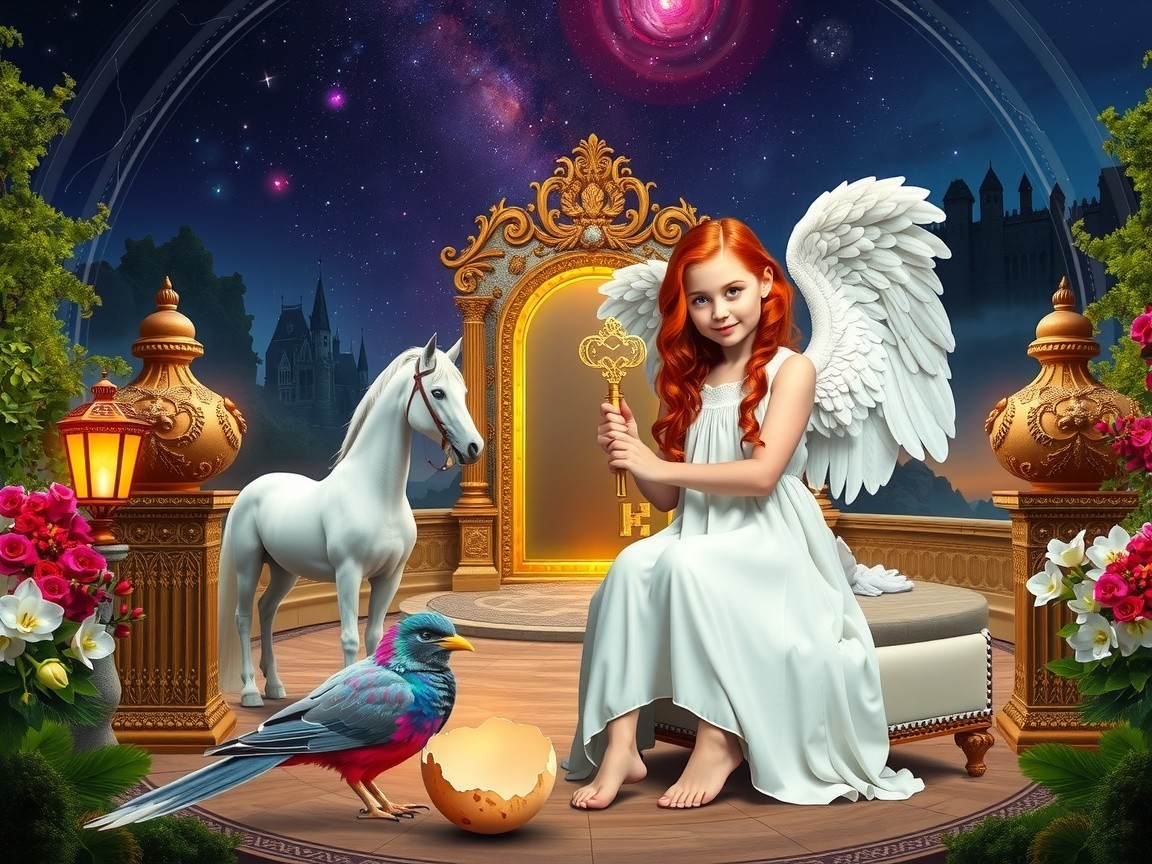 Young girl with wings on throne in a magical setting