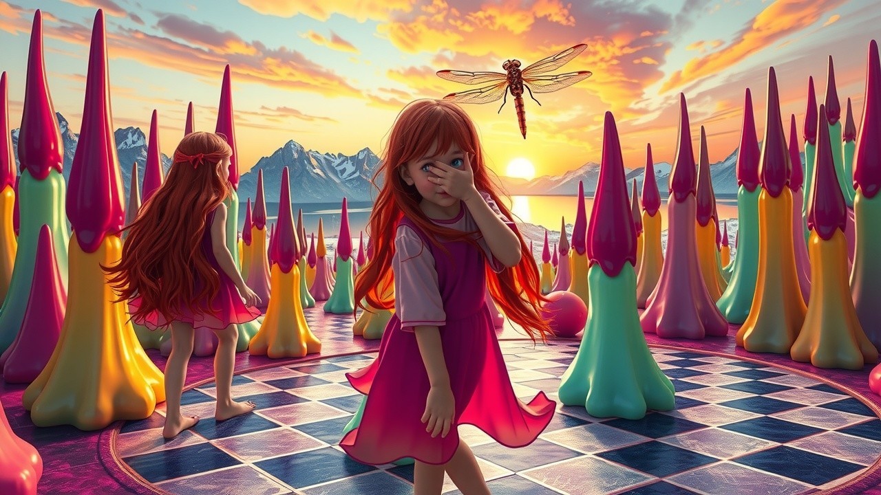 Surreal Landscape with Girls and Candy-Like Spikes