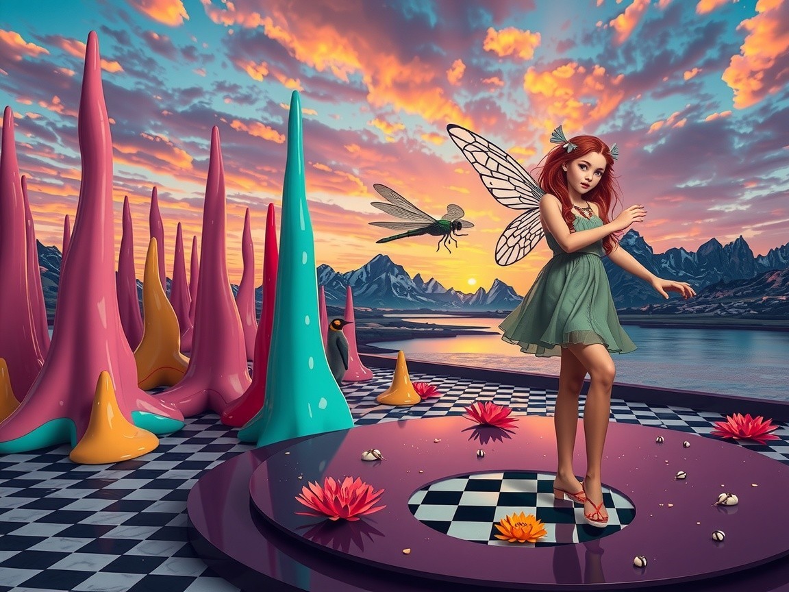 Surreal Sunset Landscape with a Winged Woman