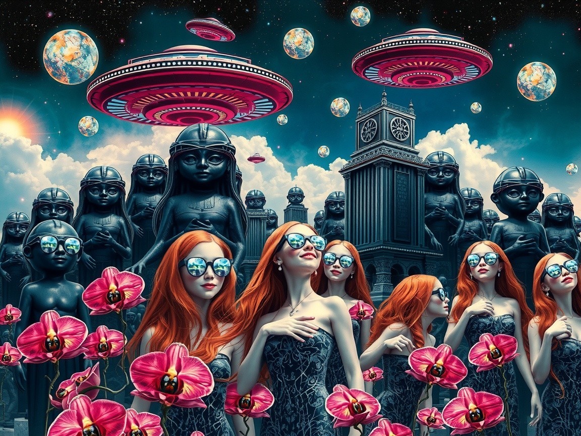 Surreal Landscape with Women, Orchids, and UFOs