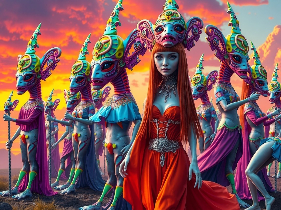 Vibrant Sunset Scene with Otherworldly Figures