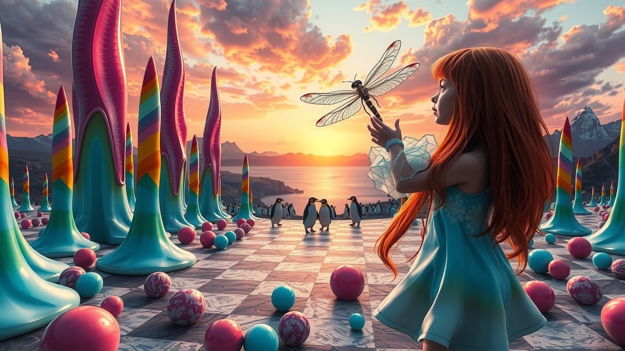 Whimsical Landscape with Girl, Dragonfly, and Penguins