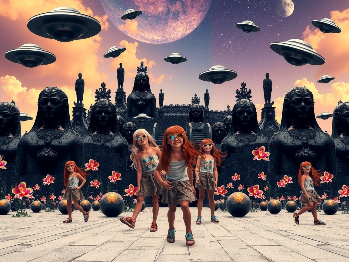 Surreal Landscape with Animated Children and UFOs
