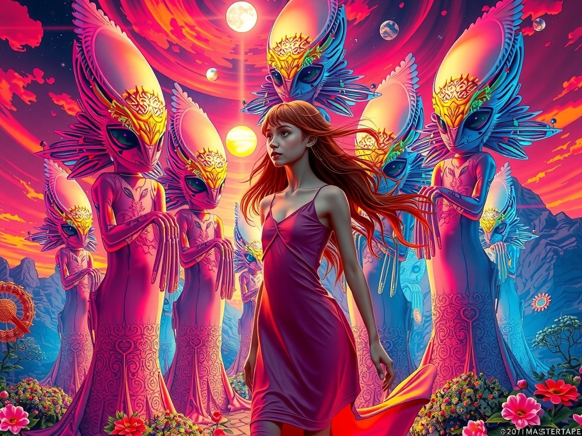 Young woman in pink dress among colorful alien figures