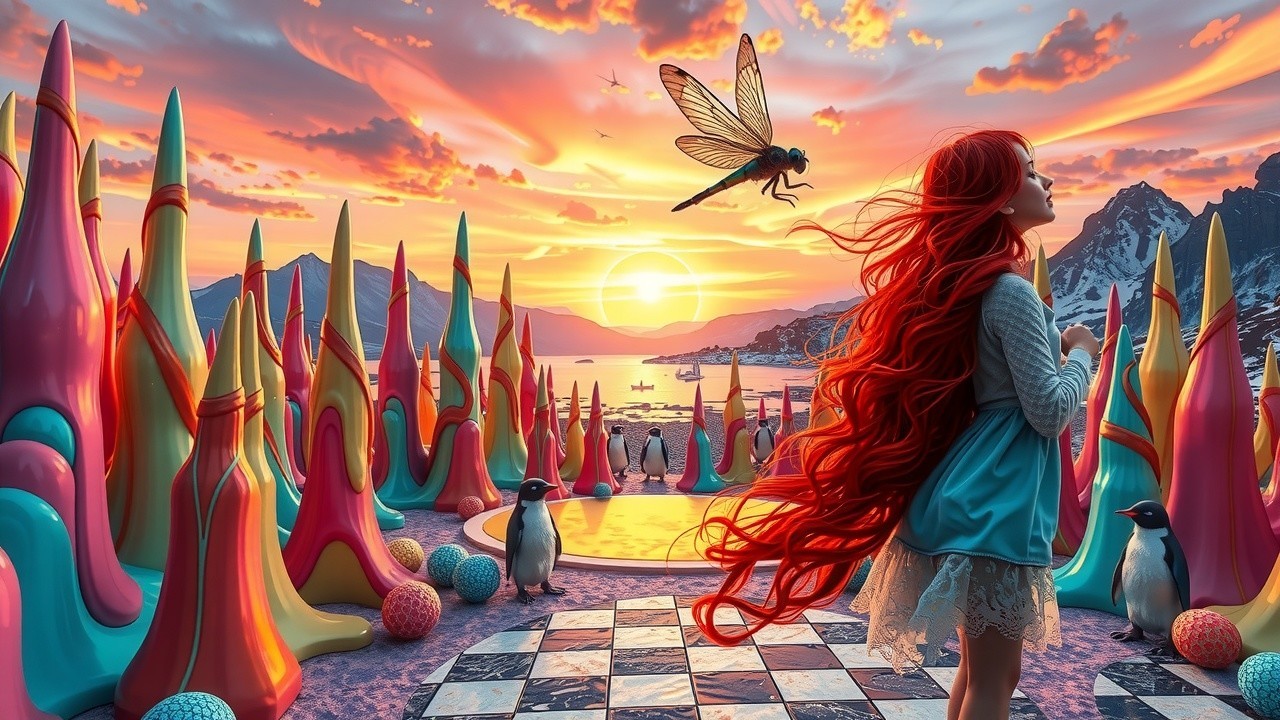 Whimsical Sunset Landscape with Colorful Formations