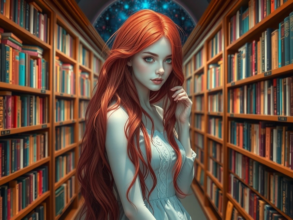 Young woman in a library with stained glass window