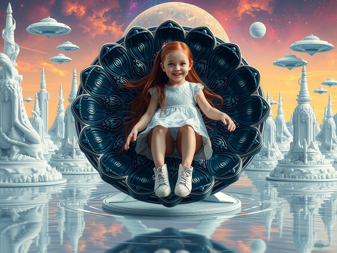 Young girl in shell chair amidst futuristic landscape