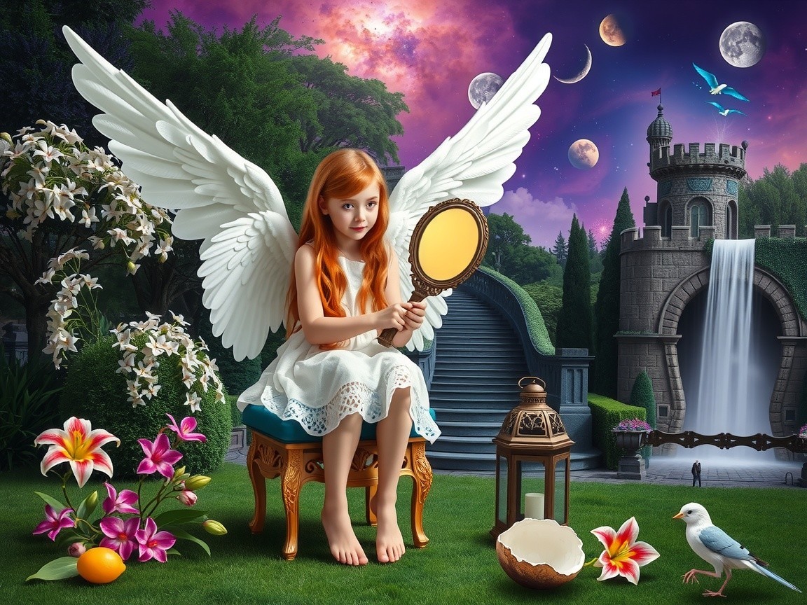 Young girl with wings in a vibrant garden scene