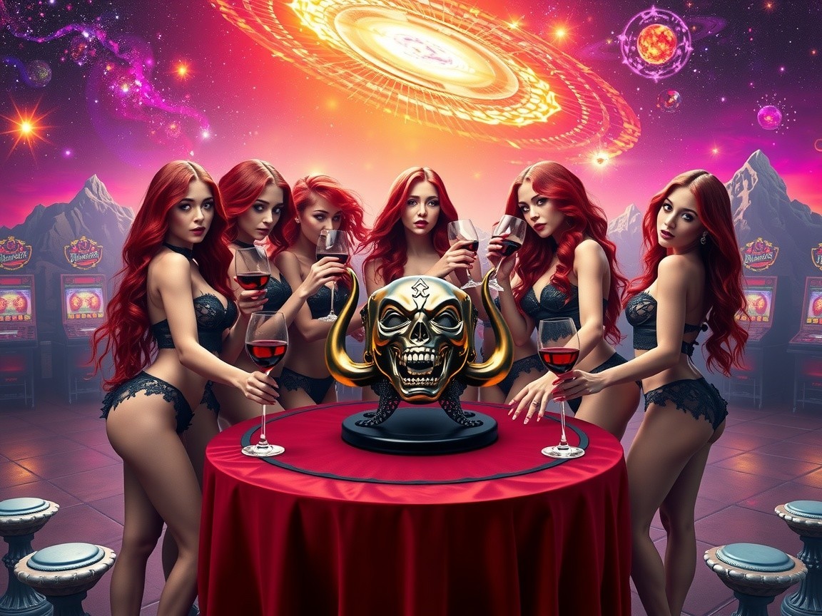 Red-haired women in black lingerie at cosmic table