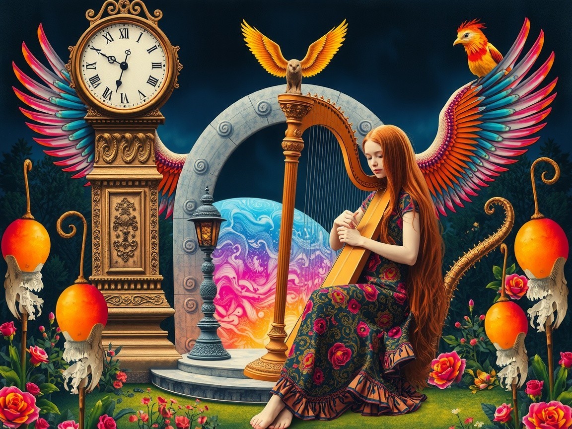 Woman by Harp in a Dreamlike Fantasy Scene