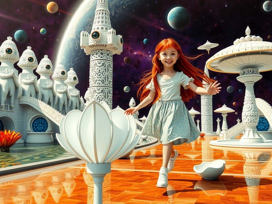 Young girl with red hair in a whimsical landscape