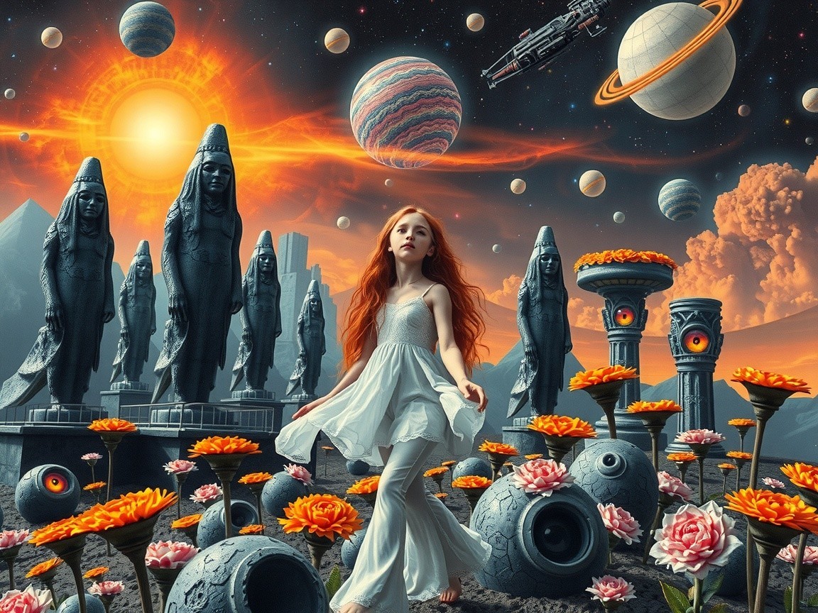 Serene girl in surreal landscape with cosmic elements