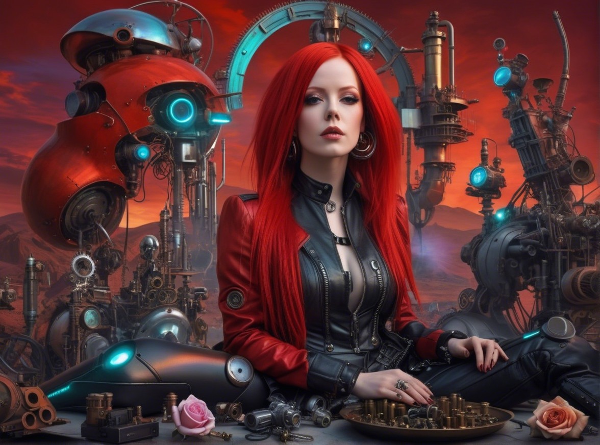 Vibrant Red-Haired Woman in Steampunk Setting