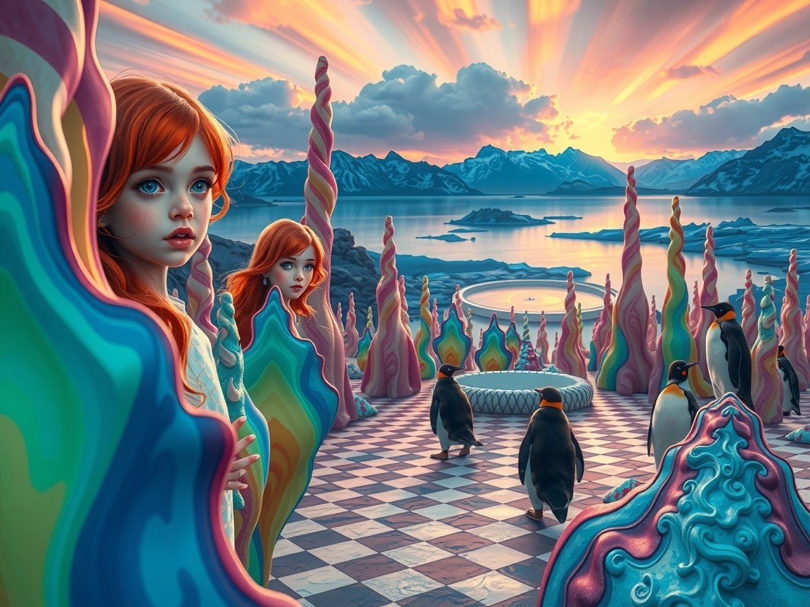 Surreal Landscape with Red-Haired Girls and Penguins