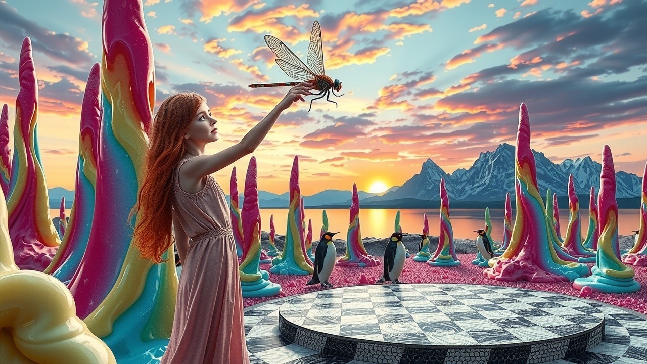 Whimsical Landscape with Girl, Dragonfly, and Penguins