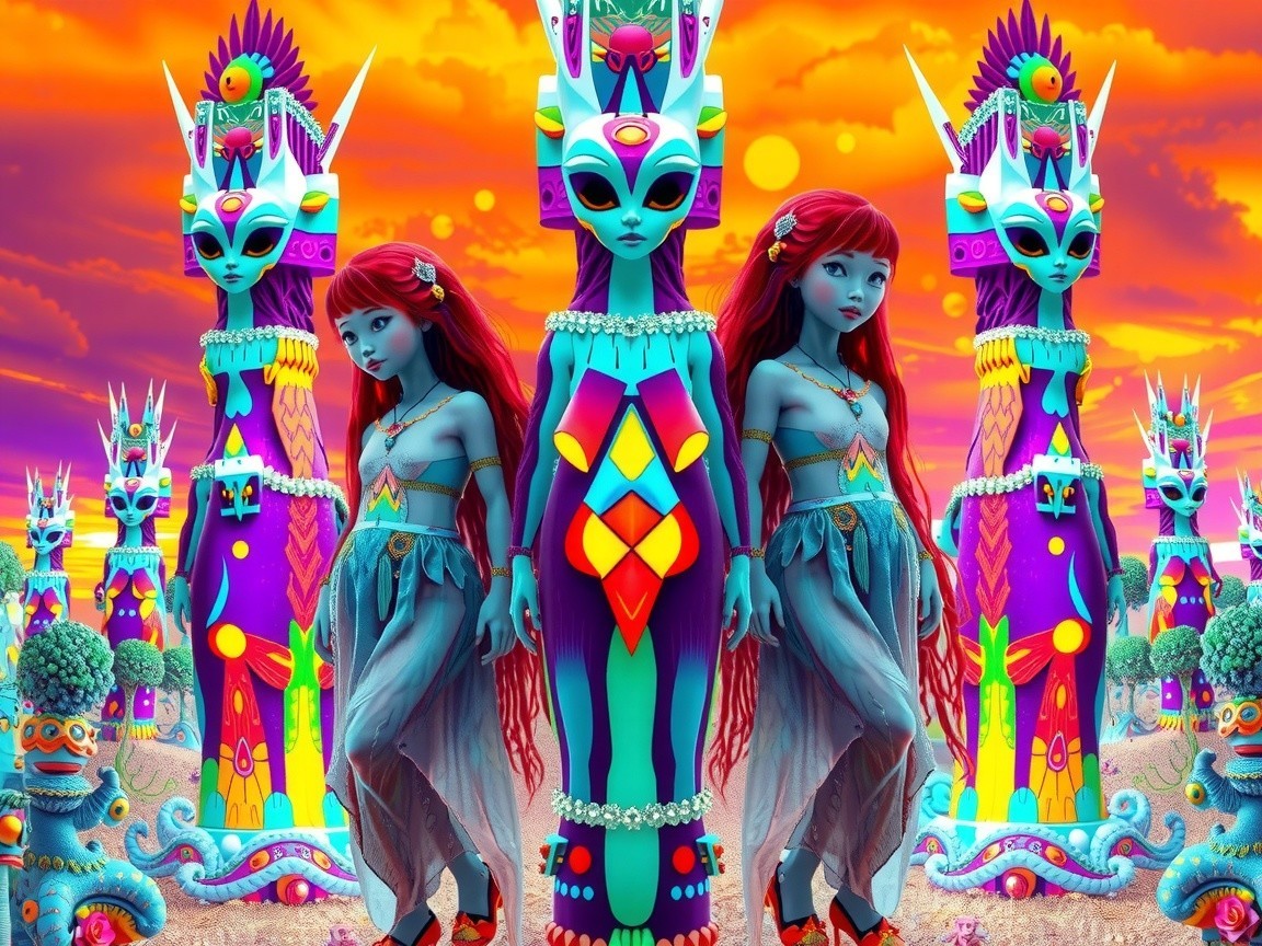 Vibrant Totem-Like Figures in a Whimsical Landscape