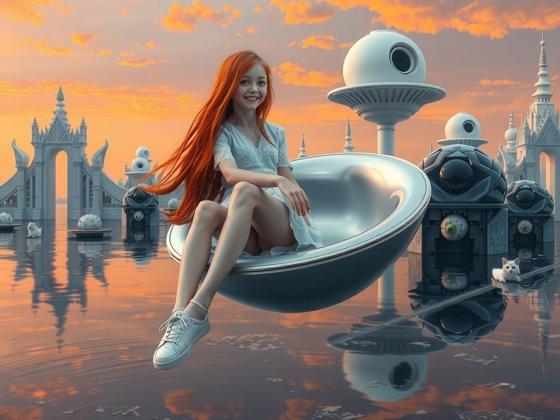 Young girl in silver chair above surreal landscape