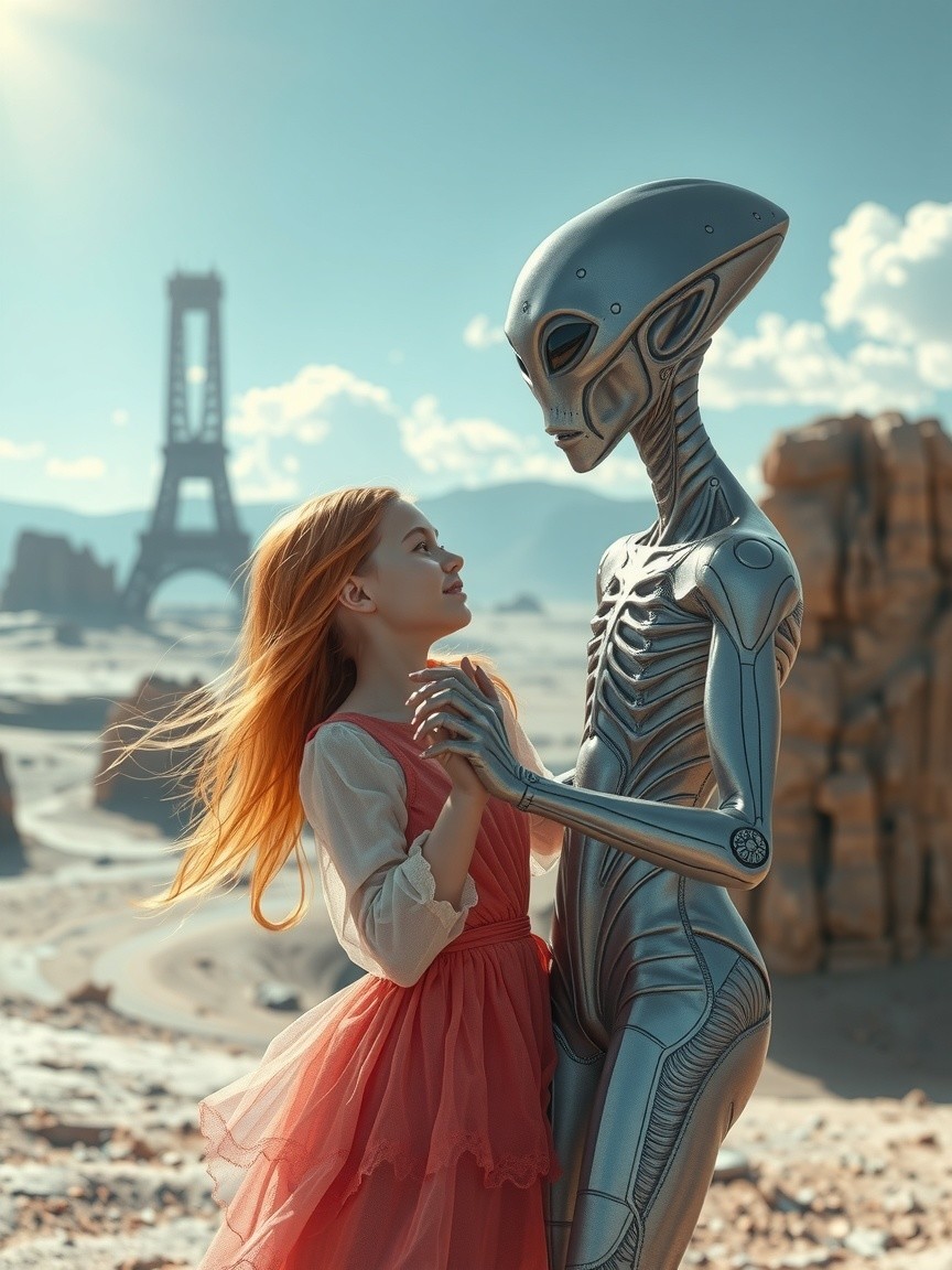 Surreal Scene of Girl and Alien in Desert Landscape