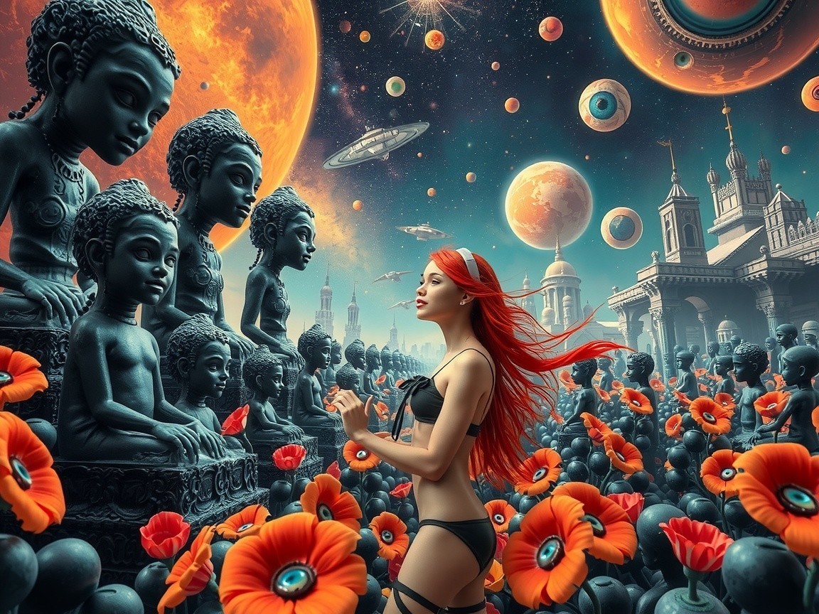 Surreal Scene of Woman Among Buddha Statues and Cosmos