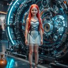 Young woman in futuristic setting with mechanical structure