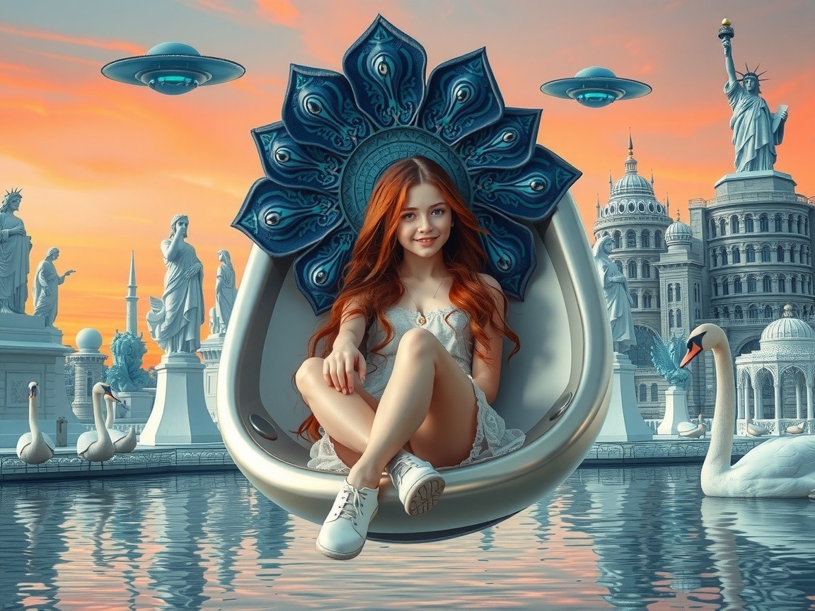 Sunset Over Lake with Woman, Swans, and UFOs