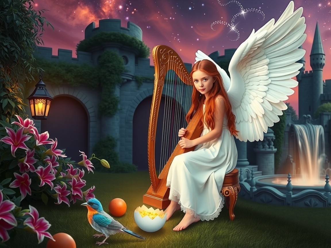Young Girl with Wings Playing Harp in Magical Garden