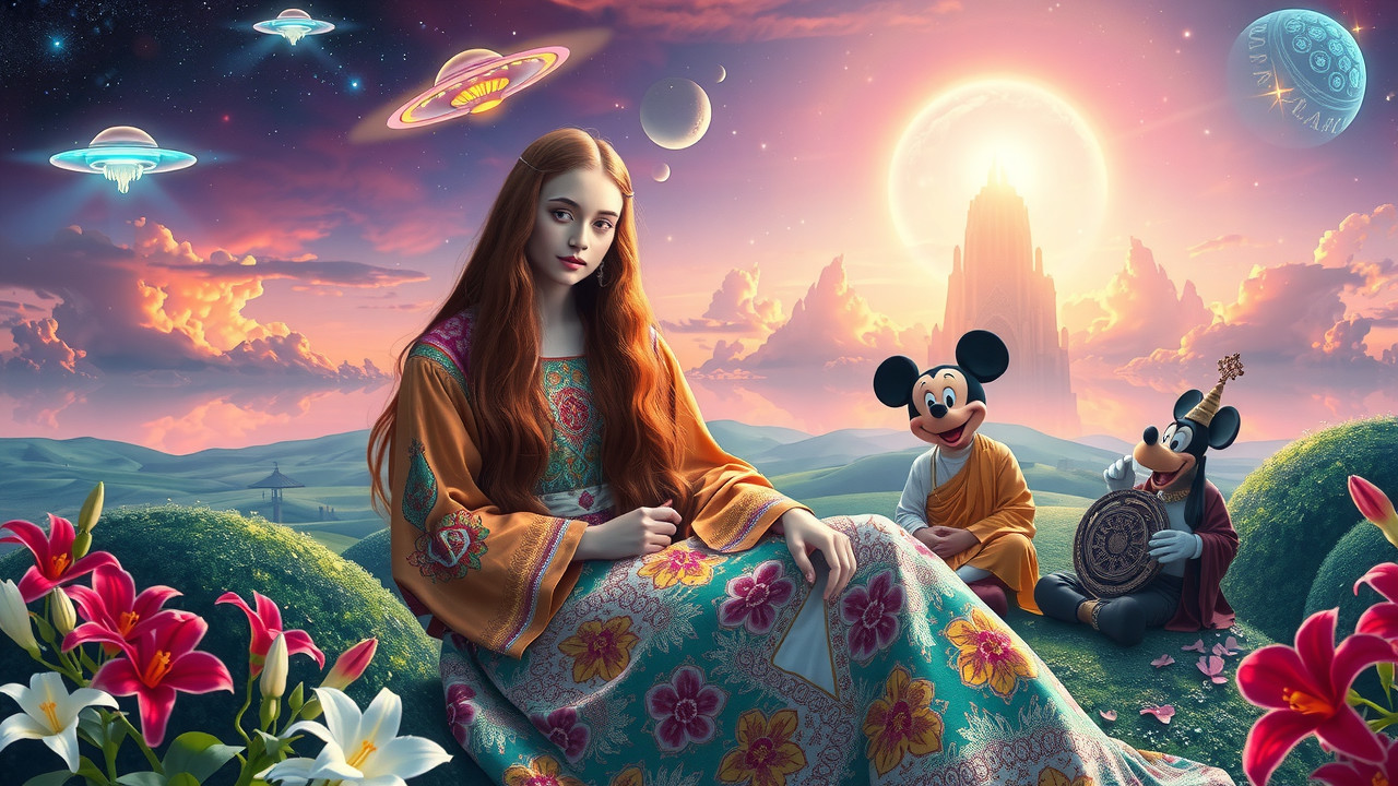 Surreal Landscape with Woman and Cartoon Figures