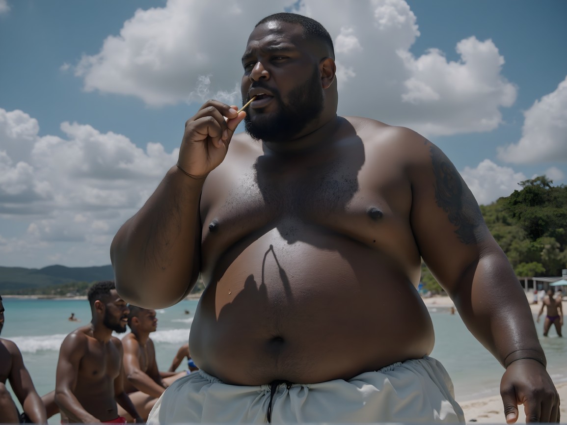 Shirtless Man on Beach with Cigarette and Tattoos