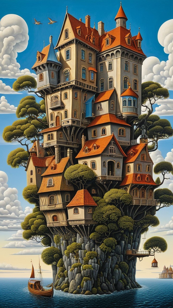 Whimsical Treehouse on Rocky Island Surrounded by Water