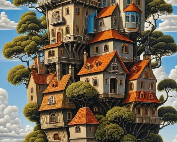 Whimsical Treehouse on Rocky Island Surrounded by Water