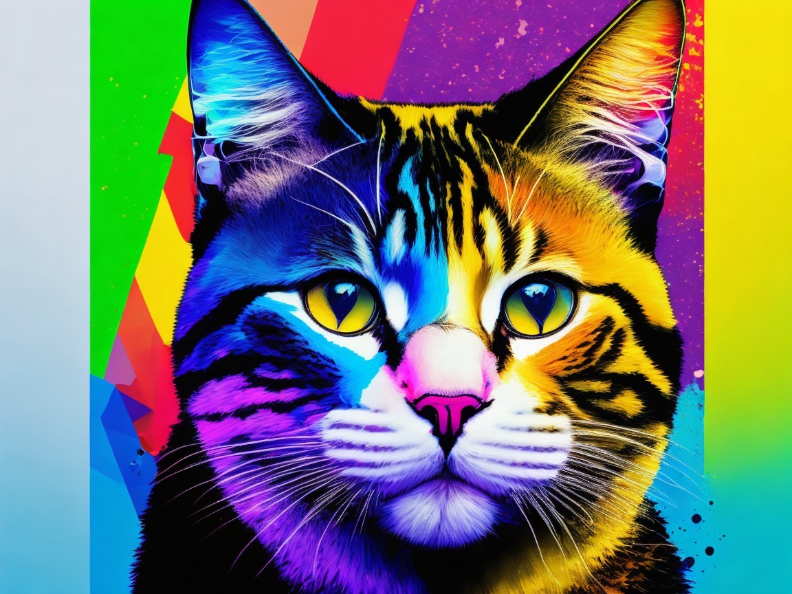 Colorful Cat Portrait with Striking Yellow Eyes