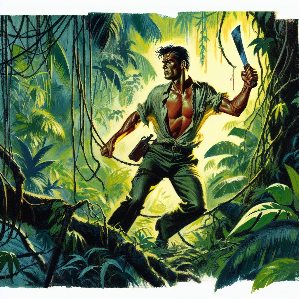 Muscular Adventurer in Dense Jungle with Machete