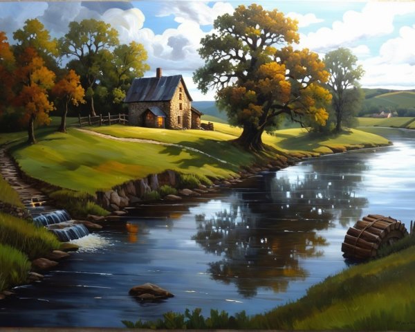 Serene Landscape with Cottage by Flowing River