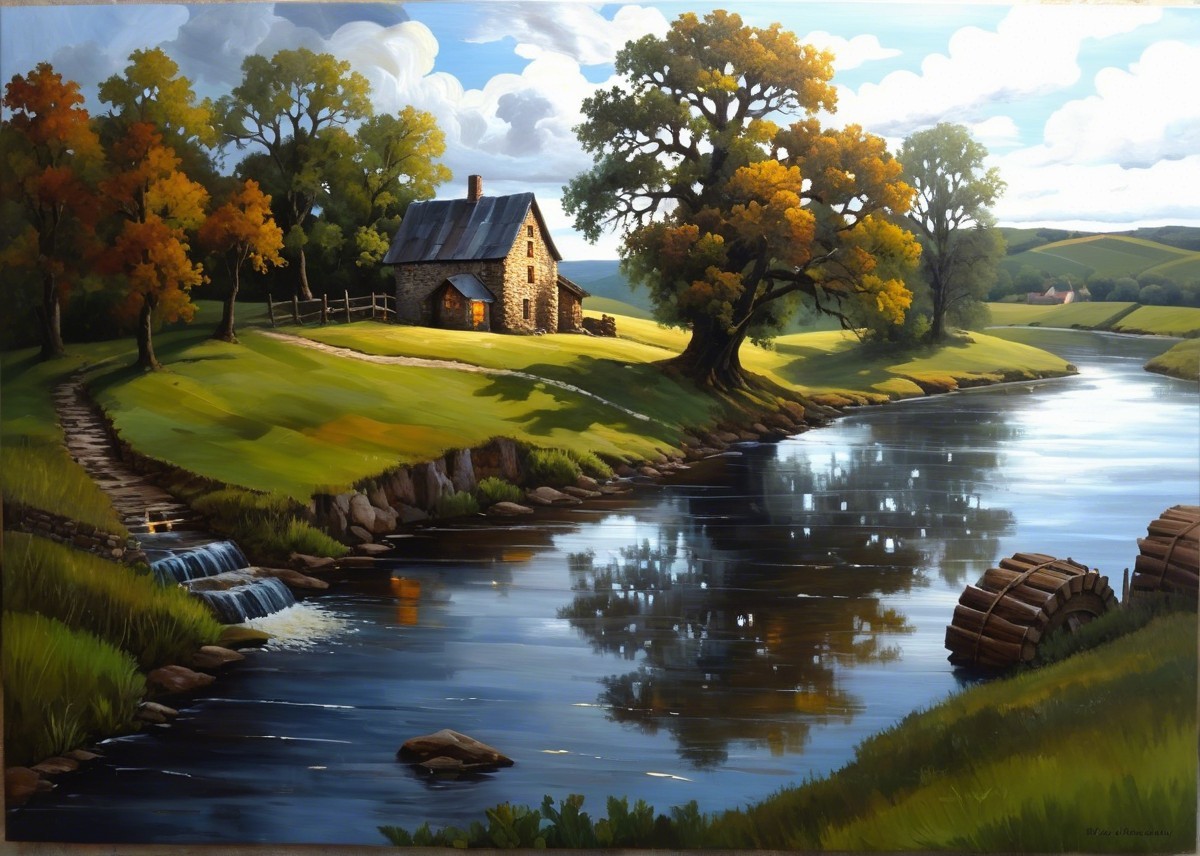 Serene Landscape with Cottage by Flowing River