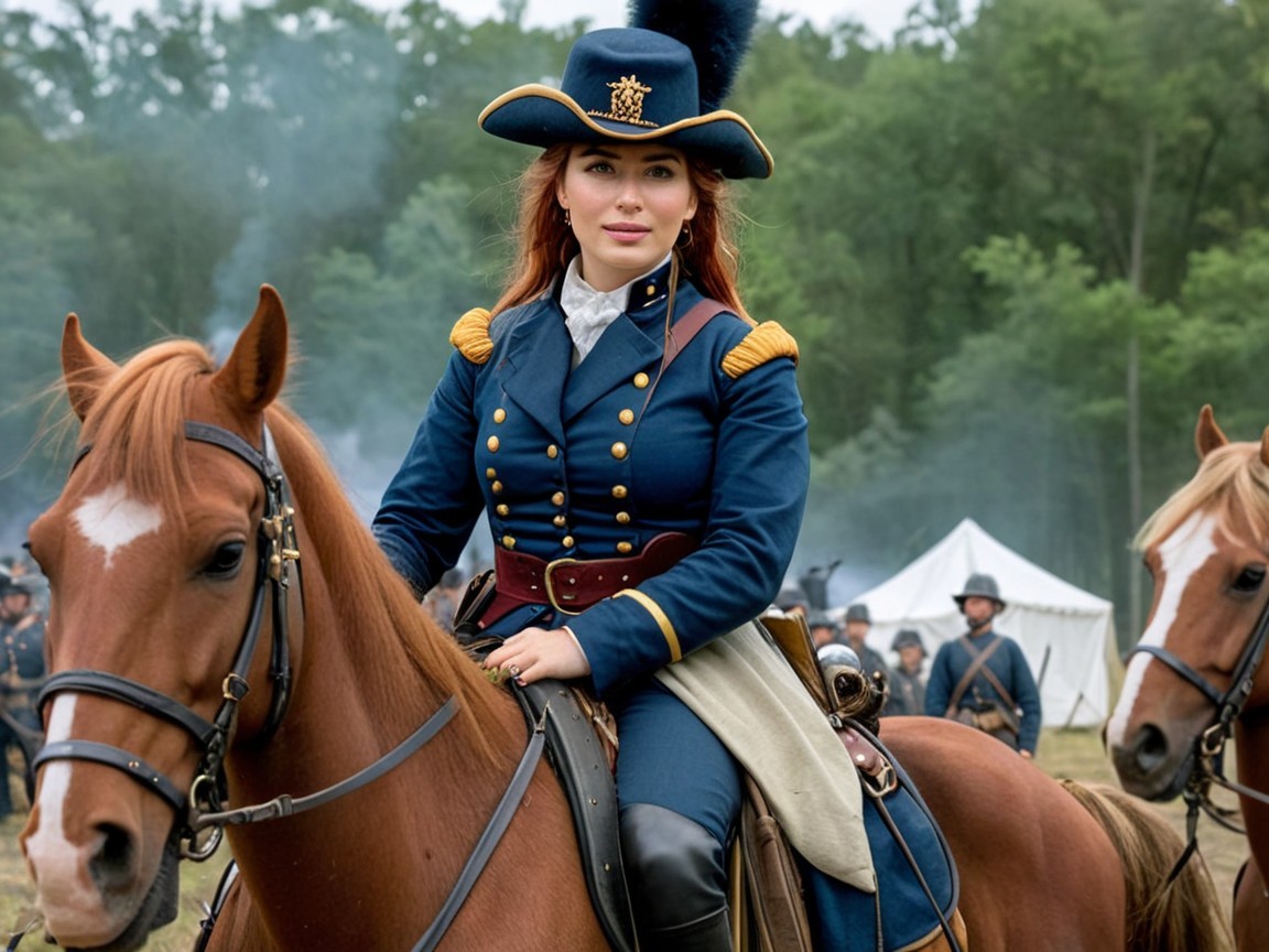 Fair-Skinned Woman in Blue Military Uniform on Horse