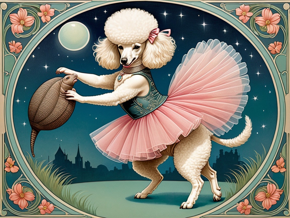 Dancing Poodle in Tutu with Tortoise in Moonlight