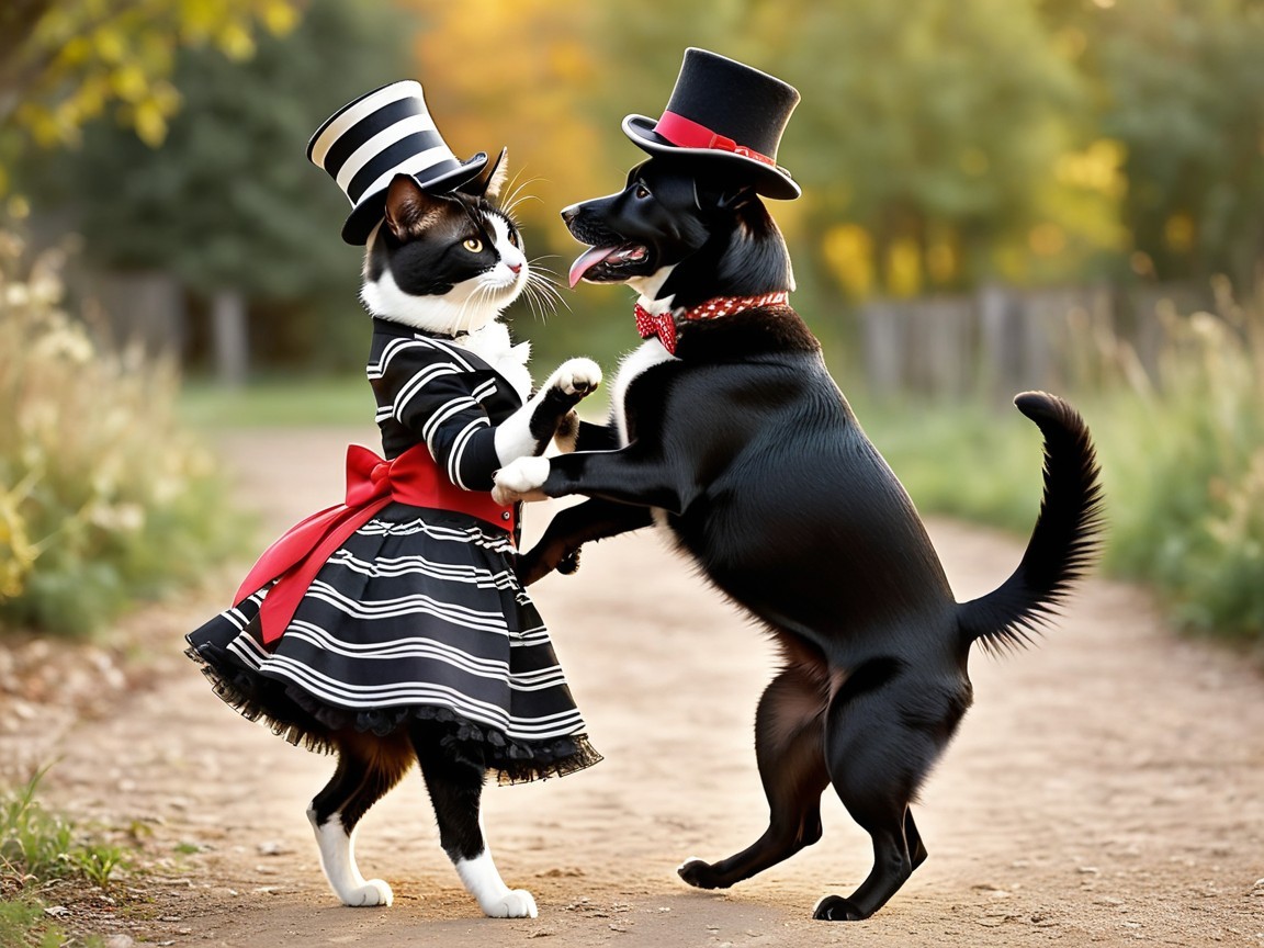 Stylish Cat and Dog Dancing in Whimsical Setting