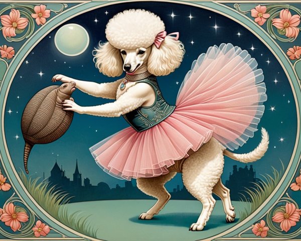 Dancing Poodle in Tutu with Tortoise in Moonlight