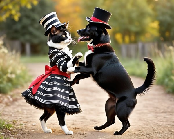 Stylish Cat and Dog Dancing in Whimsical Setting