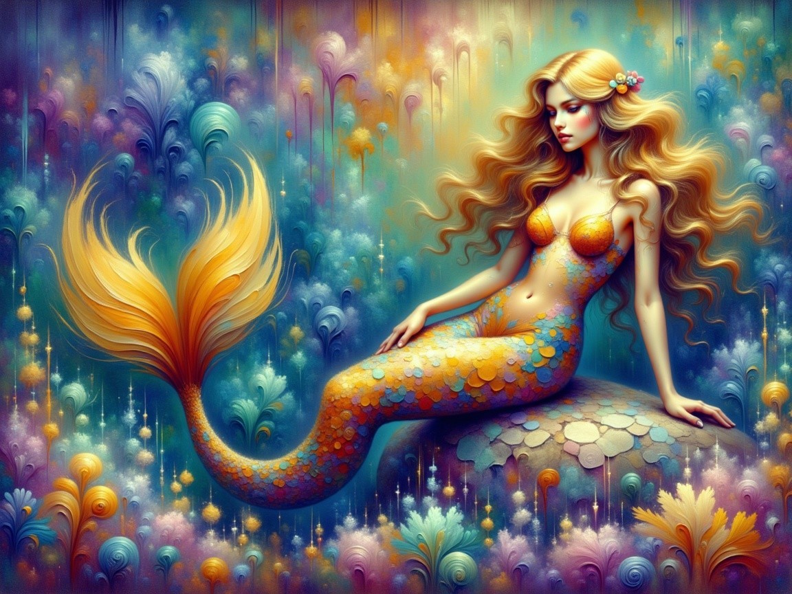 Mermaid on a Rock in Vibrant Underwater Scene