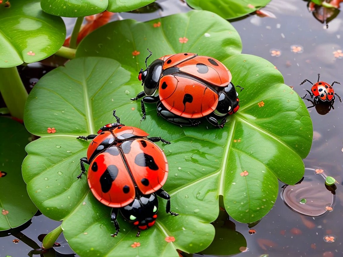 Ladybugs on Green Lily Pads in a Serene Pond