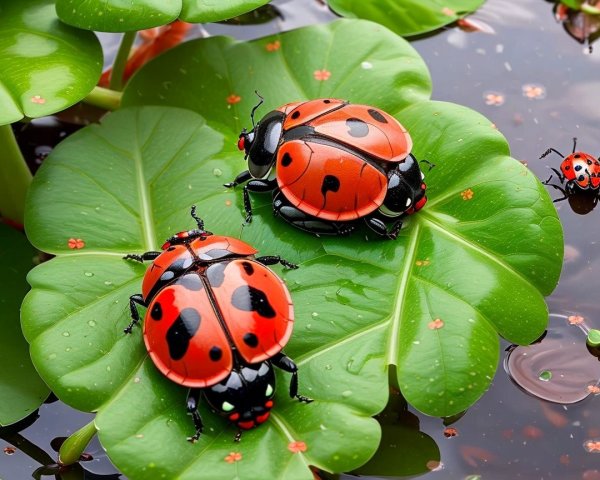 Ladybugs on Green Lily Pads in a Serene Pond