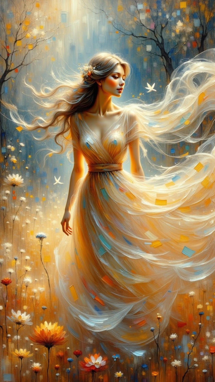 Serene figure in colorful wildflowers with ethereal gown