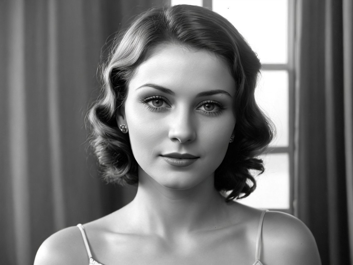 Black-and-white portrait of a young woman with curls