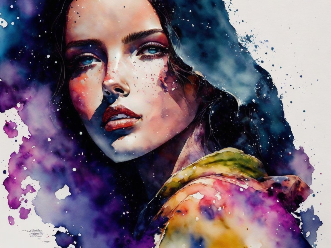 Watercolor Portrait of a Young Woman with Bold Colors