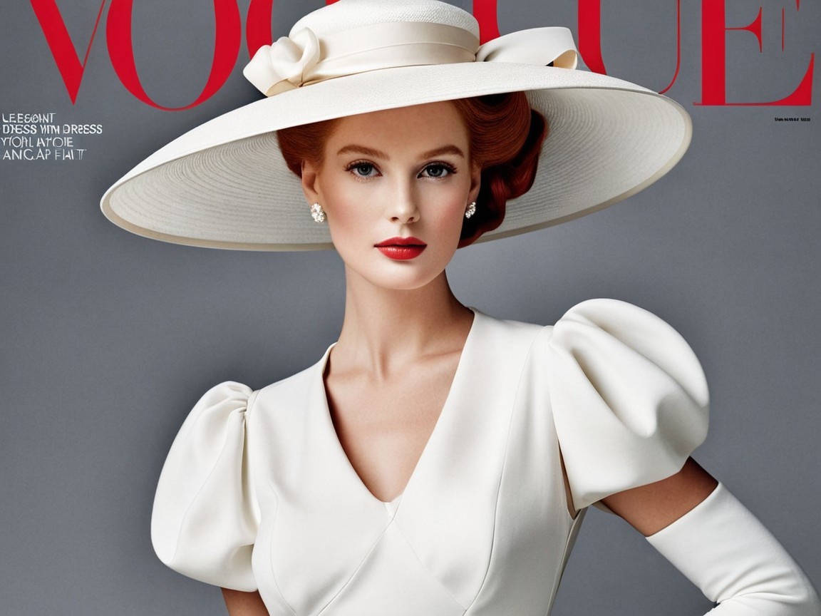 Fashion Model in Elegant White Dress on Vogue Cover