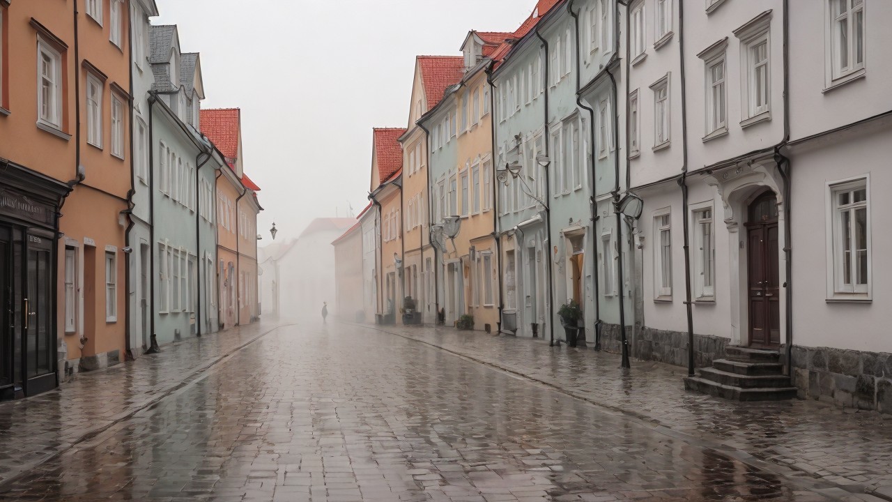 Pastel-Colored Buildings on a Foggy Narrow Street
